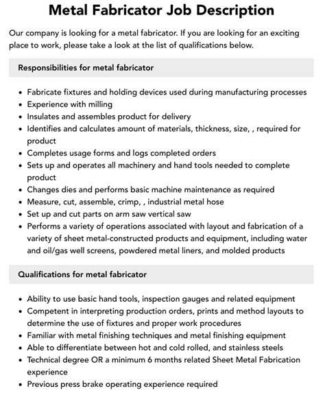 job duties for assembly line sheet metal fabrication|fabricator duties and responsibilities.